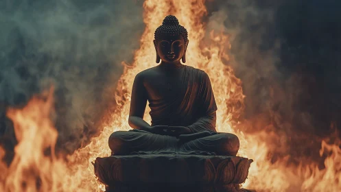 Buddha figure with fire background in meditation pose.