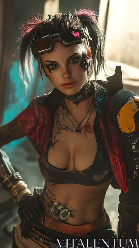 Neon alley mechanic girl with cybernetic grit and glow.