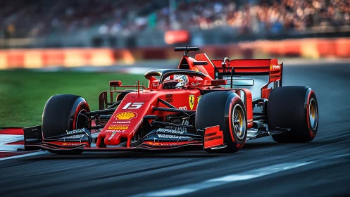 Red Formula 1 car powers through sunlit circuit corner