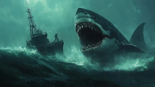 Giant shark breaches near storm-tossed ship in dark sea