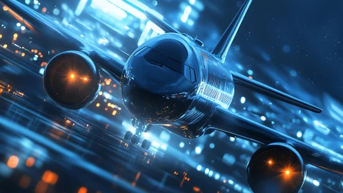 Futuristic airliner rendering with neon runway reflections.