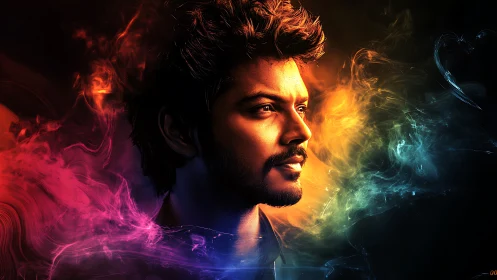 Luminous male portrait amid swirling neon color clouds.