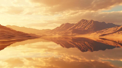 Golden desert mountains mirrored in a peaceful sunset lake.