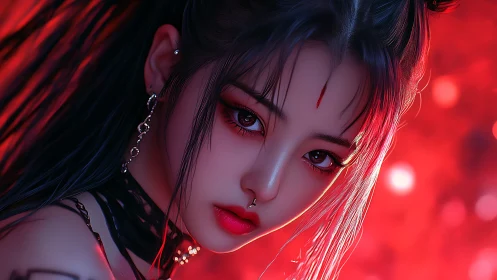 Crimson night glow around a dreamy cyberpunk beauty.