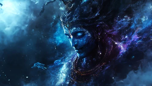 Cosmic deity dissolving into swirling nebulae and light.