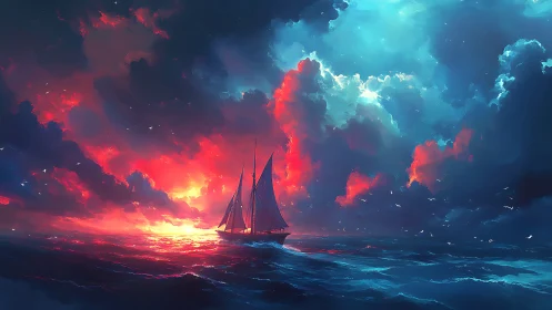 Lone sailing ship crosses fiery sunset and electric sky.