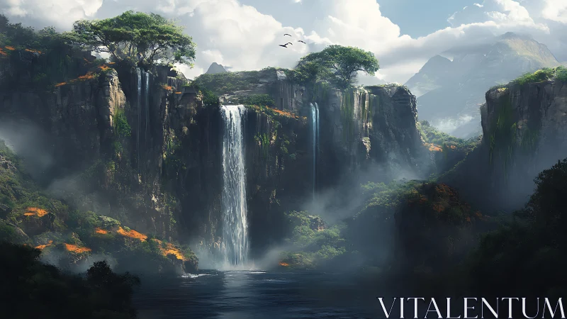 Waterfall cascades between steep cliffs into misty river