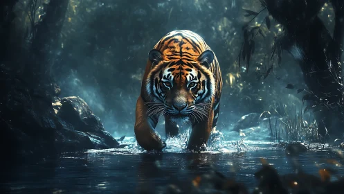 Majestic tiger stalks through misty jungle stream at dawn