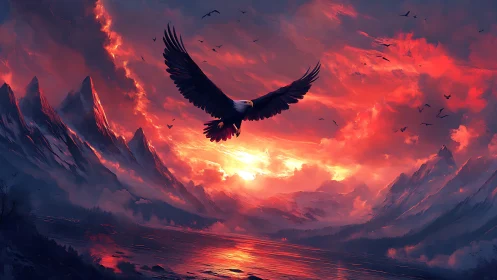 Majestic eagle soaring over fiery mountain landscape at sunset.