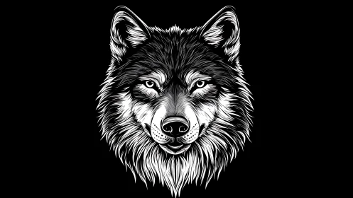 Monochrome wolf head illustration with bold linework.