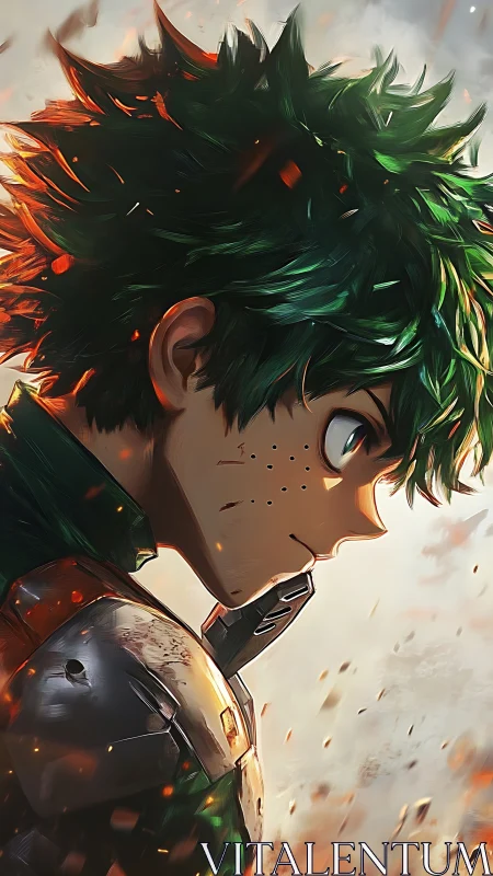 Heroic green-haired anime warrior stands amid falling embers.