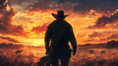 Lone cowboy watches blazing prairie sunset in silence.