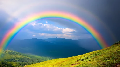 Double primary rainbow arcs over sunlit alpine slope and ridgeline