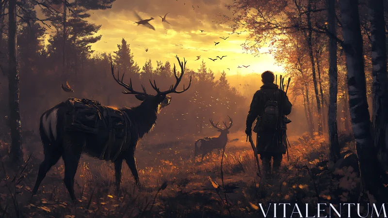 Hunter and elk caravan crossing golden autumn forest path.