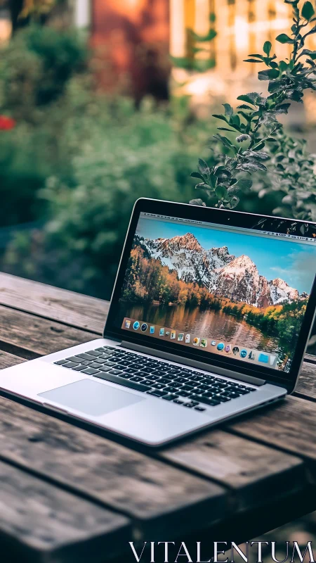 Laptop daydreaming on a rustic garden table at golden hour.