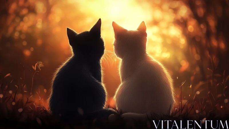 Two Cats Silhouetted Against Golden Sunset Glow