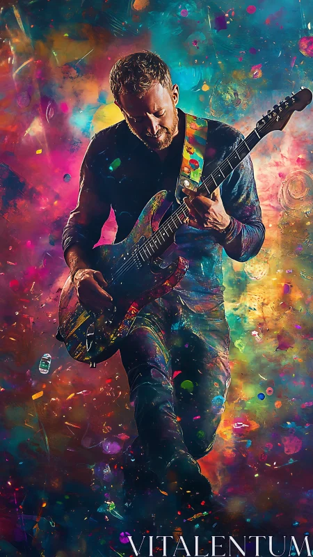 Digital painting of guitarist in prismatic kinetic stage aura.