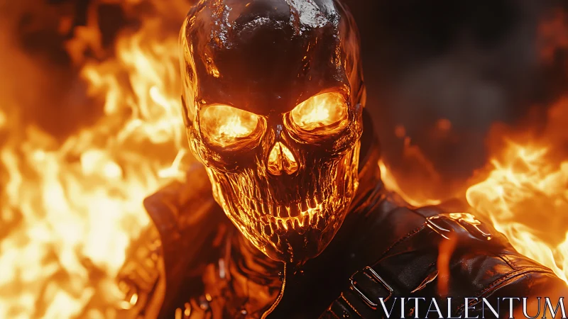 Flaming skull rider emerges from inferno in molten armor.