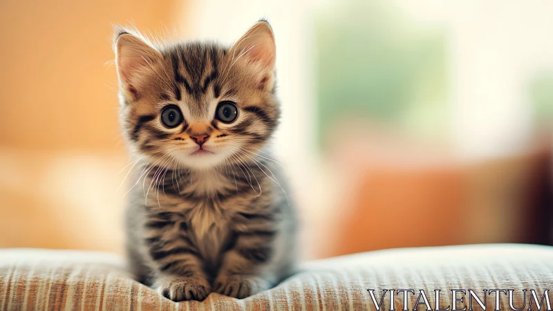 Tabby Kitten Seated on Fabric Surface with Neutral Background