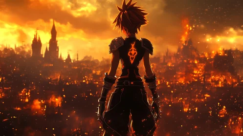 Character observes burning fantasy city under orange sky