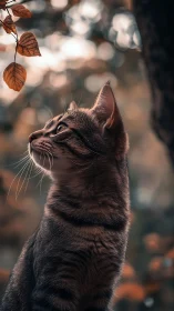 Cat gazes upward at autumn leaves through soft bokeh backdrop.