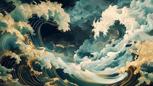 Celestial storm tides swirl in gilded teal and ivory waves.