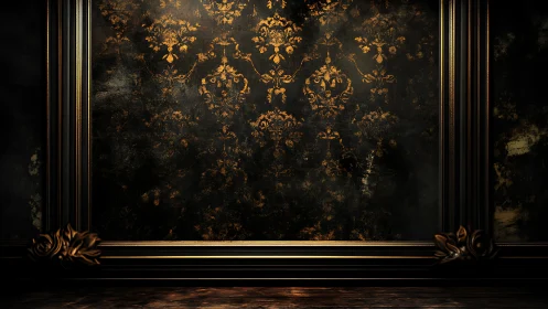 Baroque gilt frame around distressed damask wall panel