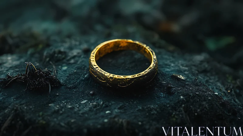 Gold ring with engraved script resting on wet stone surface