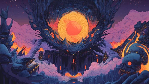 Surreal cosmic abyss with molten sun core and cavern forms.