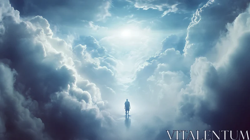 Solitary figure ascending through luminous celestial clouds.