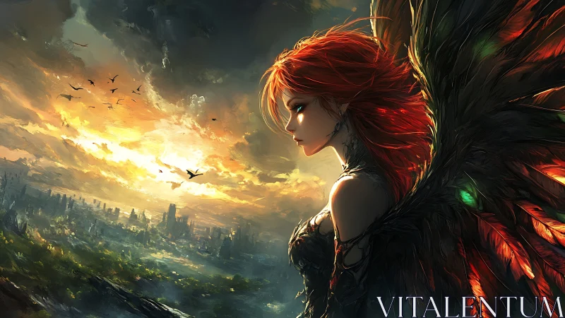 Fiery winged woman overlooking ruined fantasy cityscape.