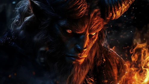 Infernal horned demon portrait in dramatic firelight.