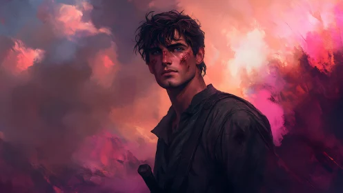 Weathered hero gazing into vivid stormlit horizon.