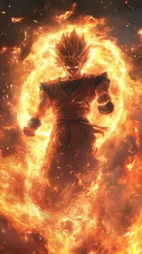 Fiery anime warrior enclosed in dynamically rendered flame vortex