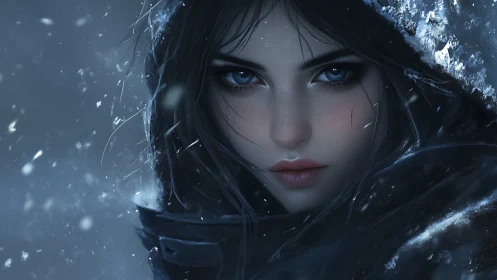 Woman&rsquo;s intense face framed by hood amid digital snowfall