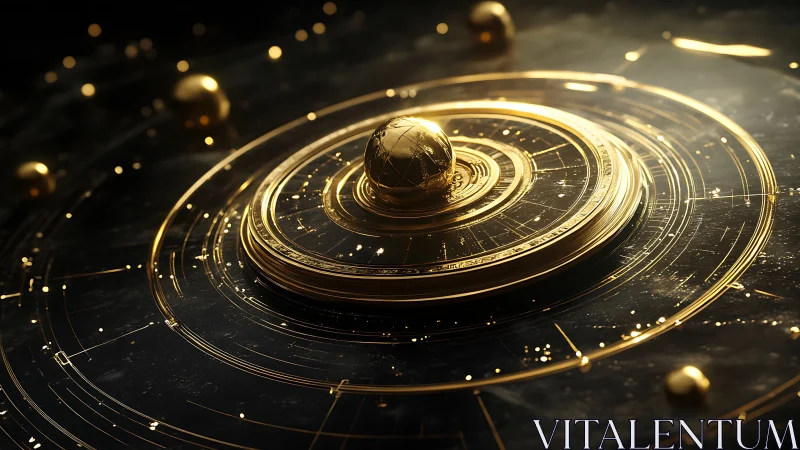 Metallic orrery structure depicts concentric orbital system