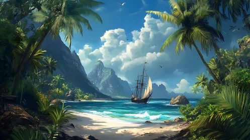 Tropical Island Cove with Sailboat and Mountain Vista