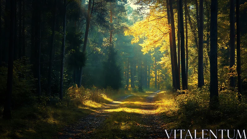 Sunlit forest path with golden foliage, tranquil morning atmosphere.