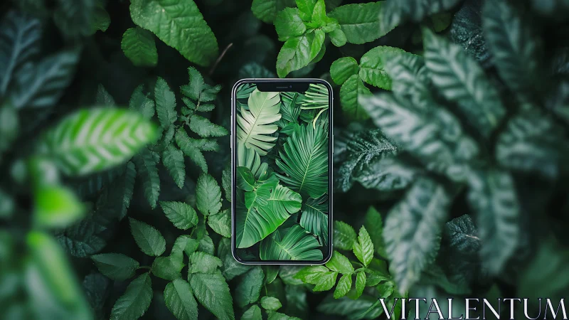 Smartphone with leaf display centered among dense foliage.