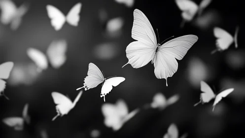 White butterflies glide through soft monochrome depth field
