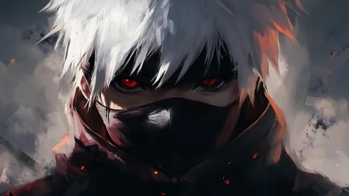 Masked white-haired warrior holds intense red-eyed stare