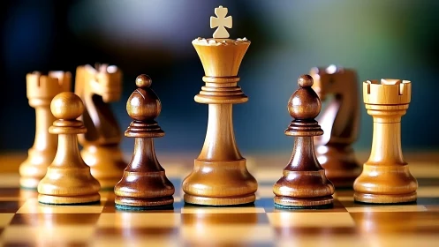 Specular wooden chess formation with depth‑of‑field emphasis.