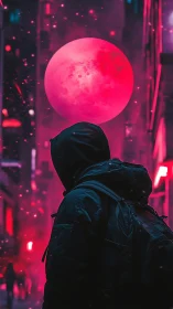 Hooded figure under large red moon in neon cityscape.