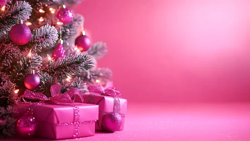 Sparkling pink Christmas tree glows beside festive gifts