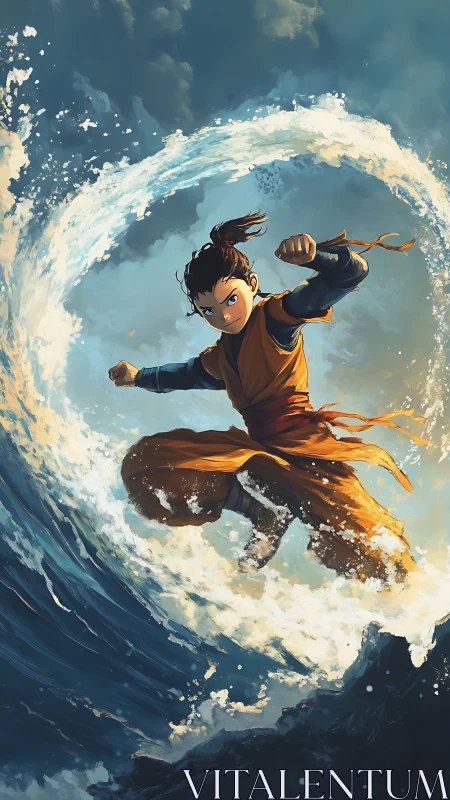 Martial artist youth controlling large ocean wave ring.