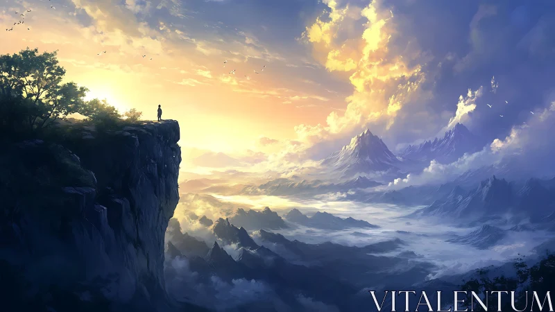Solitary figure stands on cliff above vast misty mountains