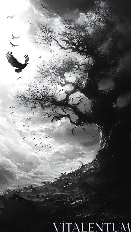 Monochrome raven ascends beside gnarled tree into luminous storm