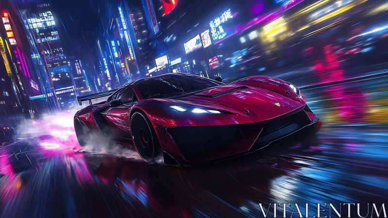 Cyberpunk supercar racing through neon city rainstorm.