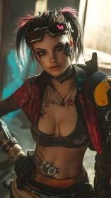 Neon alley mechanic girl with cybernetic grit and glow.