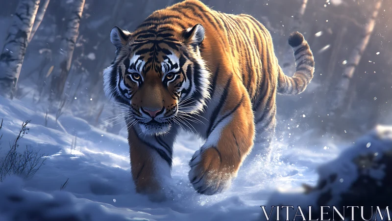 Winter tiger strides forward through deep, sparkling snow
